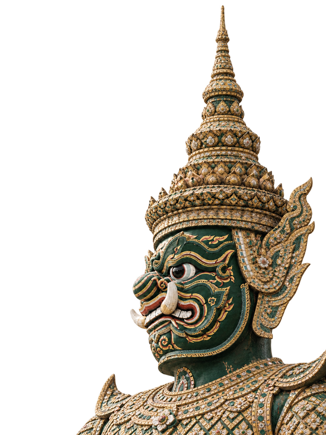 An ornate green-and-gold Yakshan guardian, with its complete crown and finial visible